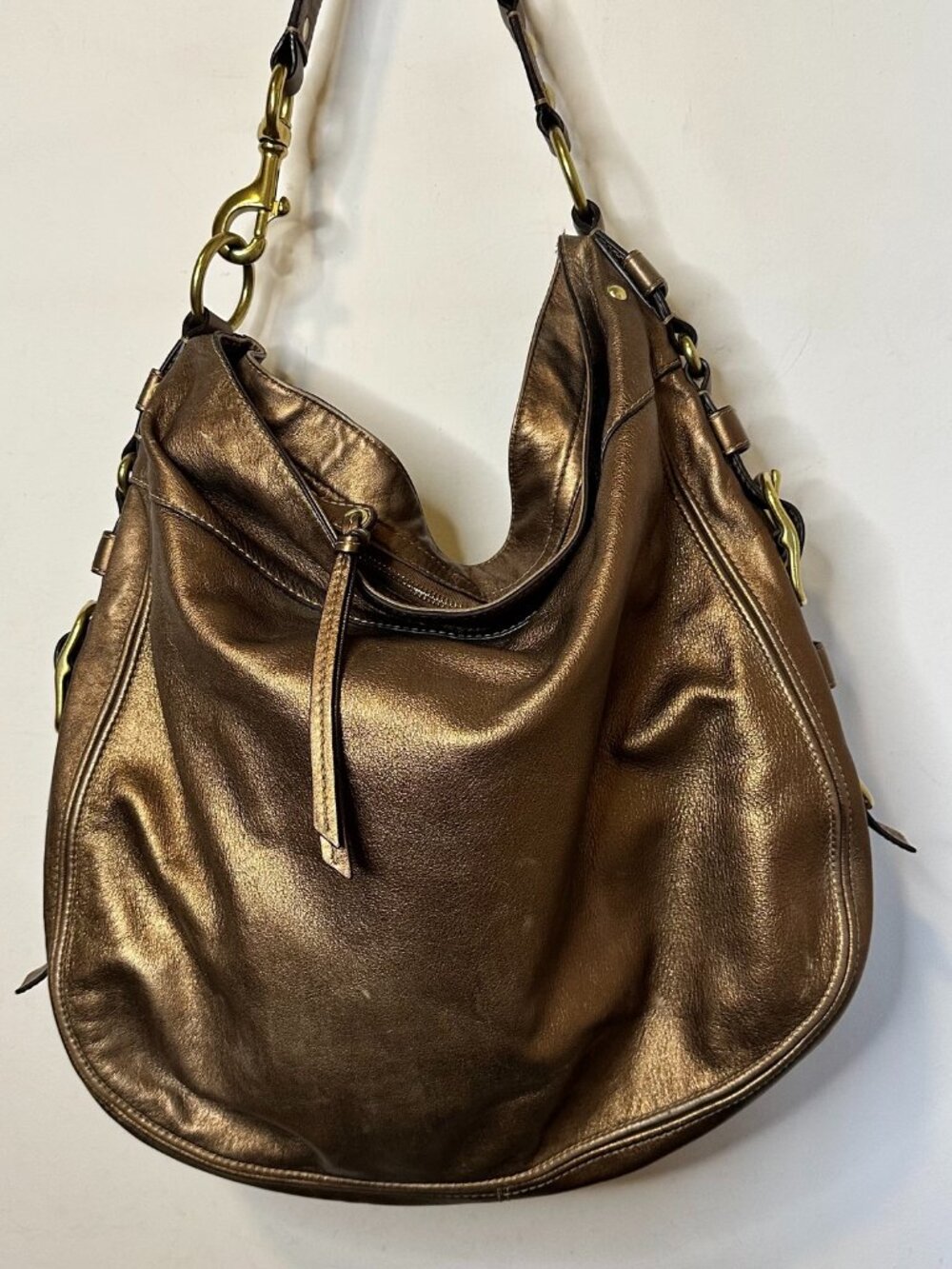 Coach Zoe Metallic Copper Bronze Leather Hobo Bag with Buckle Strap